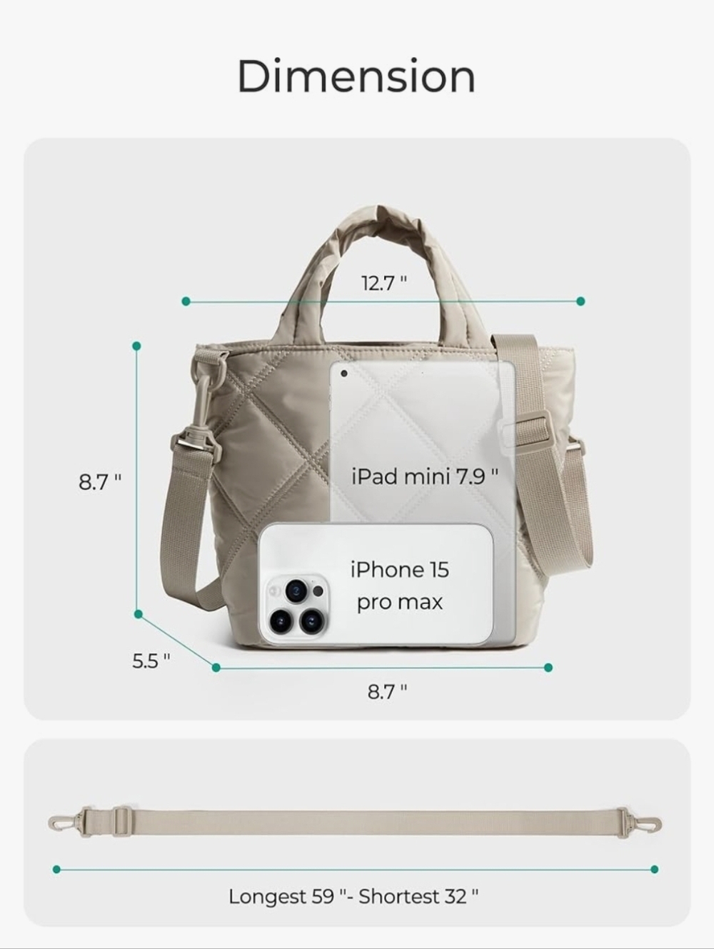 Quilted Taupe Crossbody Bag with Adjustable Strap - Picture 11 of 13
